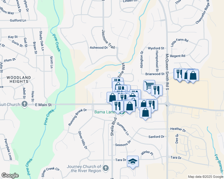 map of restaurants, bars, coffee shops, grocery stores, and more near 1696 Pebble Creek Drive in Prattville