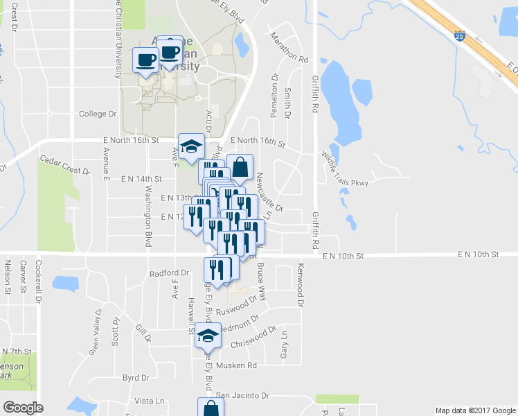 map of restaurants, bars, coffee shops, grocery stores, and more near 1217 Westheimer Road in Abilene