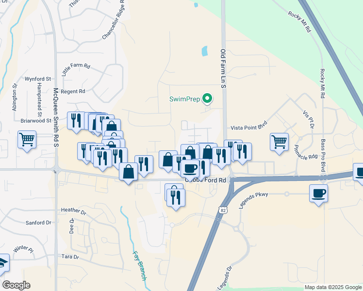 map of restaurants, bars, coffee shops, grocery stores, and more near 2211 Cobbs Ford Road in Prattville