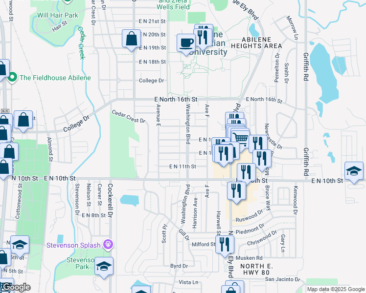 map of restaurants, bars, coffee shops, grocery stores, and more near 1301 Washington Boulevard in Abilene