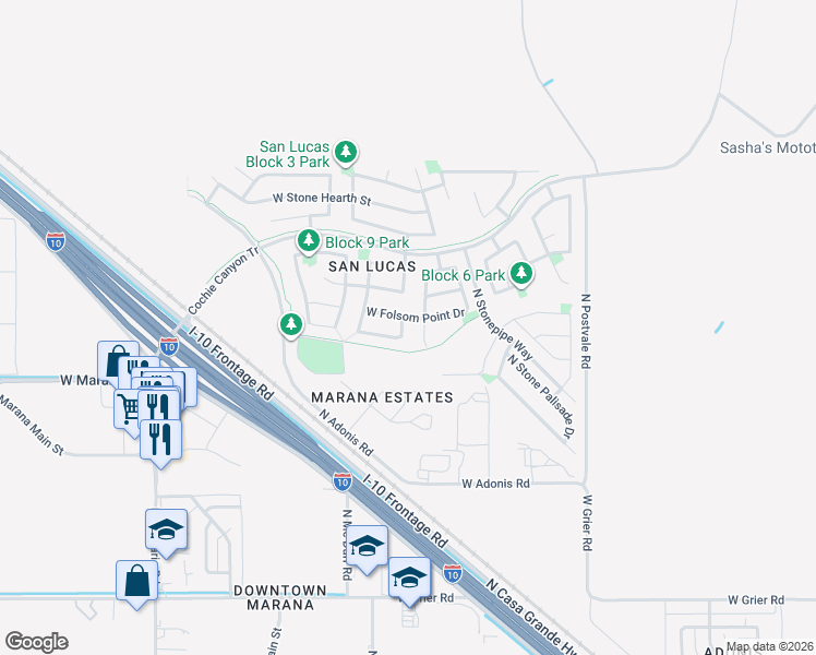 map of restaurants, bars, coffee shops, grocery stores, and more near 11334 West Folsom Point Drive in Marana