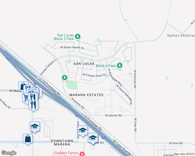 map of restaurants, bars, coffee shops, grocery stores, and more near 11334 West Folsom Point Drive in Marana