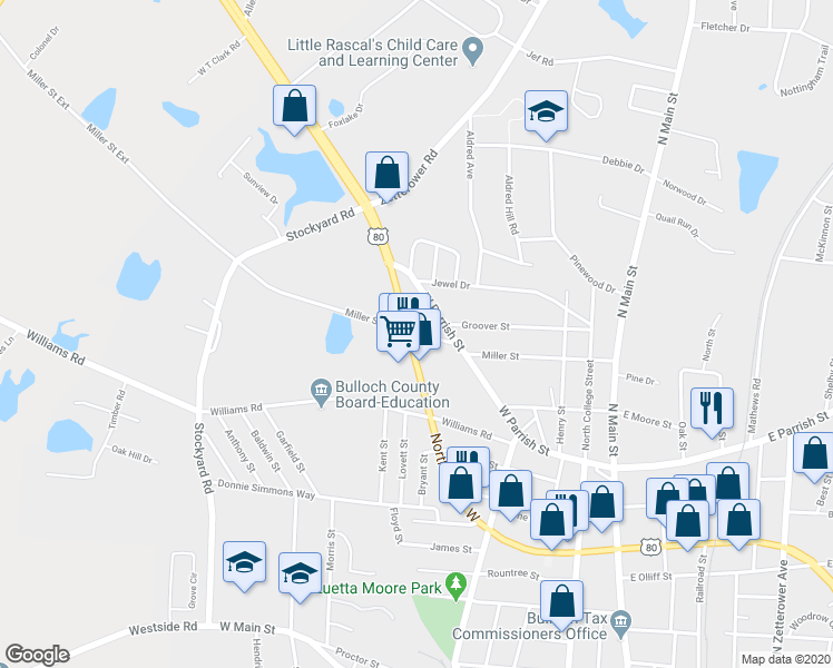map of restaurants, bars, coffee shops, grocery stores, and more near 510 Miller Street in Statesboro