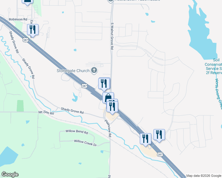 map of restaurants, bars, coffee shops, grocery stores, and more near 1223 South Walnut Grove Road in Midlothian