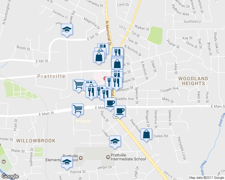 map of restaurants, bars, coffee shops, grocery stores, and more near 372 South Memorial Drive in Prattville