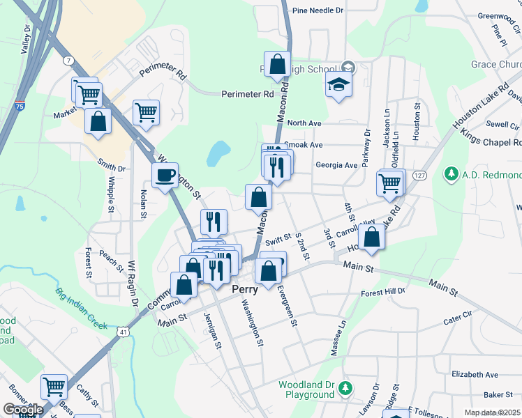 map of restaurants, bars, coffee shops, grocery stores, and more near 1137 Macon Road in Perry