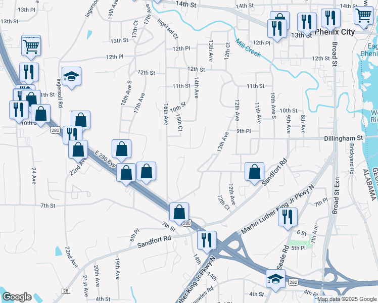 map of restaurants, bars, coffee shops, grocery stores, and more near 1412 Adie Street in Phenix City