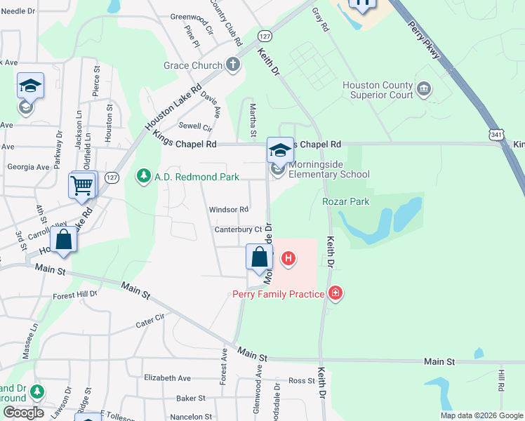 map of restaurants, bars, coffee shops, grocery stores, and more near 1508 Windsor Road in Perry