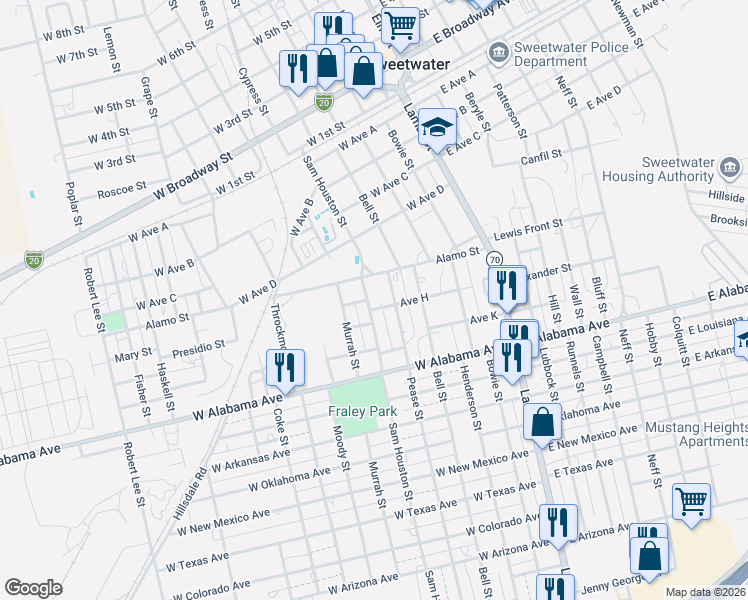 map of restaurants, bars, coffee shops, grocery stores, and more near 403 Alamo Street in Sweetwater