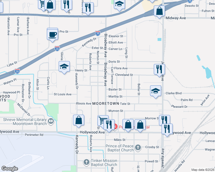 map of restaurants, bars, coffee shops, grocery stores, and more near 5221 Broadway Avenue in Shreveport