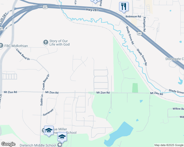 map of restaurants, bars, coffee shops, grocery stores, and more near 1829 Shady Side Drive in Midlothian