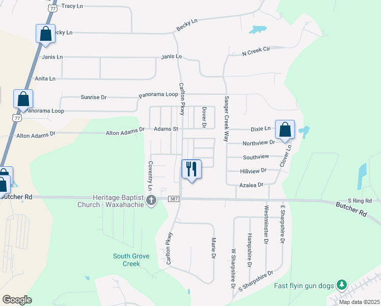 map of restaurants, bars, coffee shops, grocery stores, and more near 211 Nottingham Drive in Waxahachie