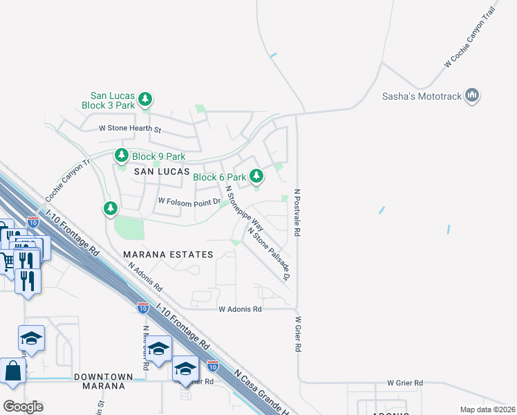 map of restaurants, bars, coffee shops, grocery stores, and more near 11110 West Snaketown Street in Marana