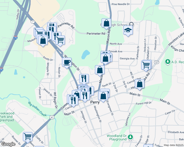 map of restaurants, bars, coffee shops, grocery stores, and more near 100 Ashley Drive in Perry