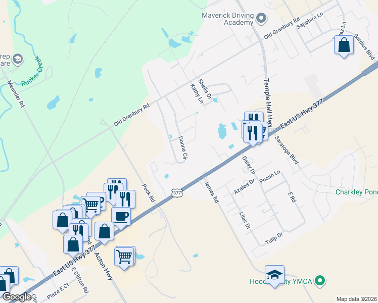map of restaurants, bars, coffee shops, grocery stores, and more near 401 Donna Circle in Granbury