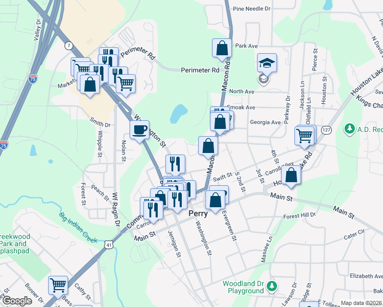 map of restaurants, bars, coffee shops, grocery stores, and more near 100 Ashley Drive in Perry