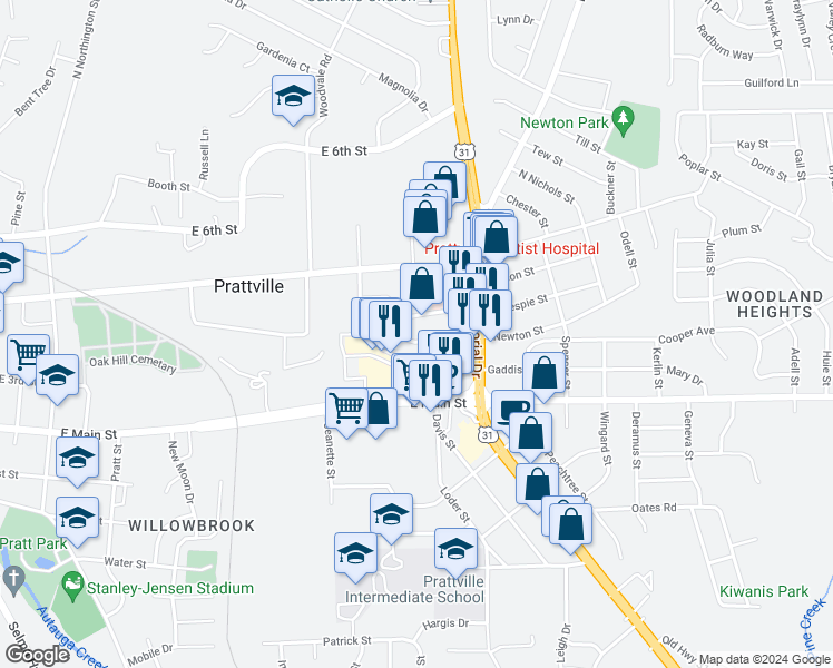 map of restaurants, bars, coffee shops, grocery stores, and more near 837 Newton Street in Prattville