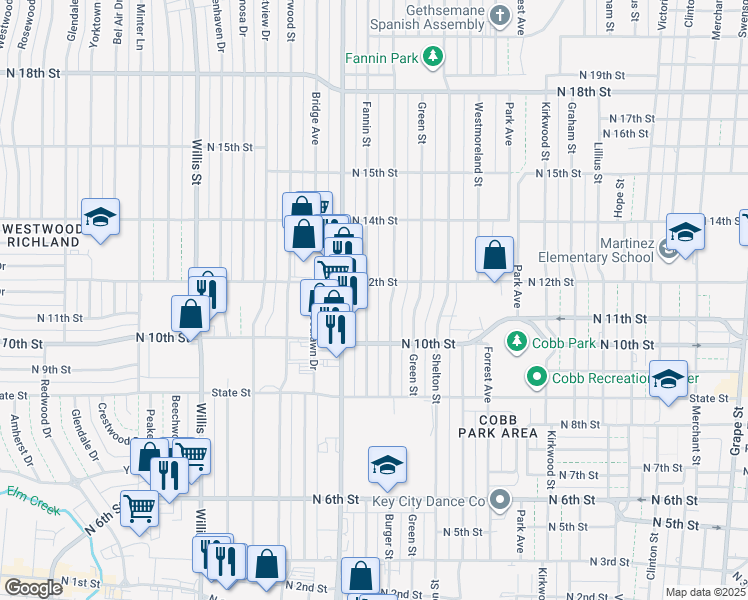 map of restaurants, bars, coffee shops, grocery stores, and more near 1117 Fannin Street in Abilene