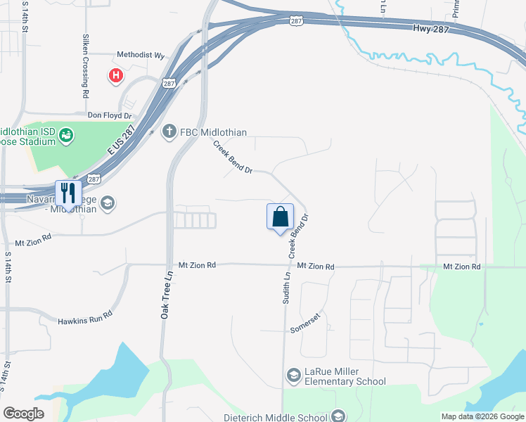 map of restaurants, bars, coffee shops, grocery stores, and more near 1630 Creek Wood Drive in Midlothian