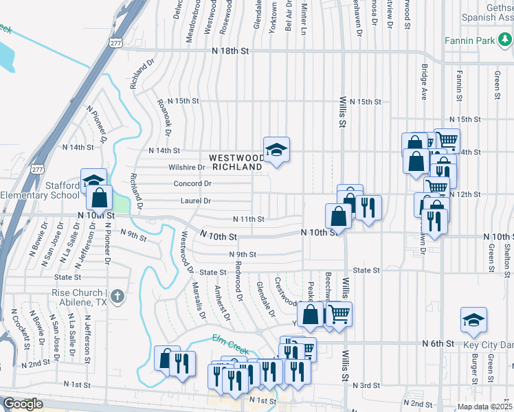 map of restaurants, bars, coffee shops, grocery stores, and more near 1197 Glendale Drive in Abilene