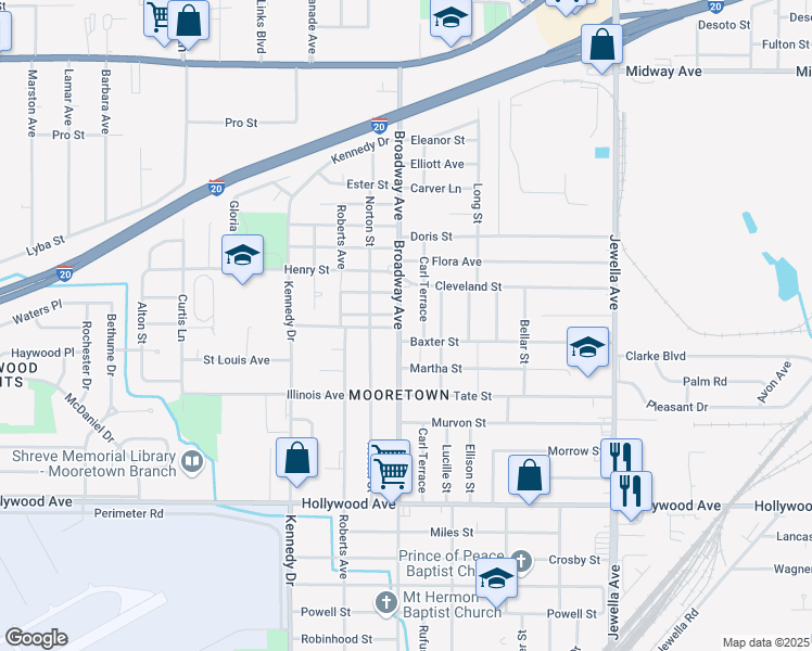 map of restaurants, bars, coffee shops, grocery stores, and more near 5233 Broadway Avenue in Shreveport