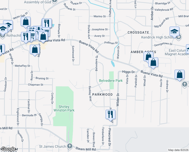 map of restaurants, bars, coffee shops, grocery stores, and more near 854 Belvedere Drive in Columbus