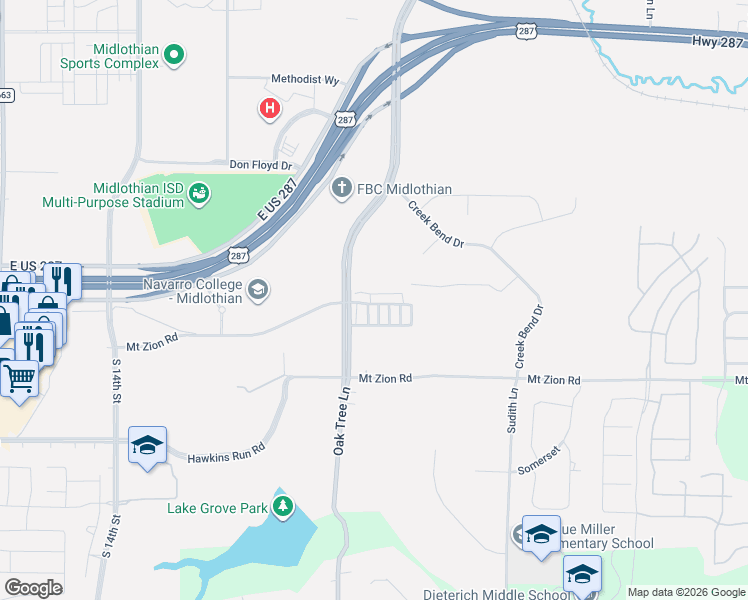 map of restaurants, bars, coffee shops, grocery stores, and more near 1850 South Midlothian Parkway in Midlothian