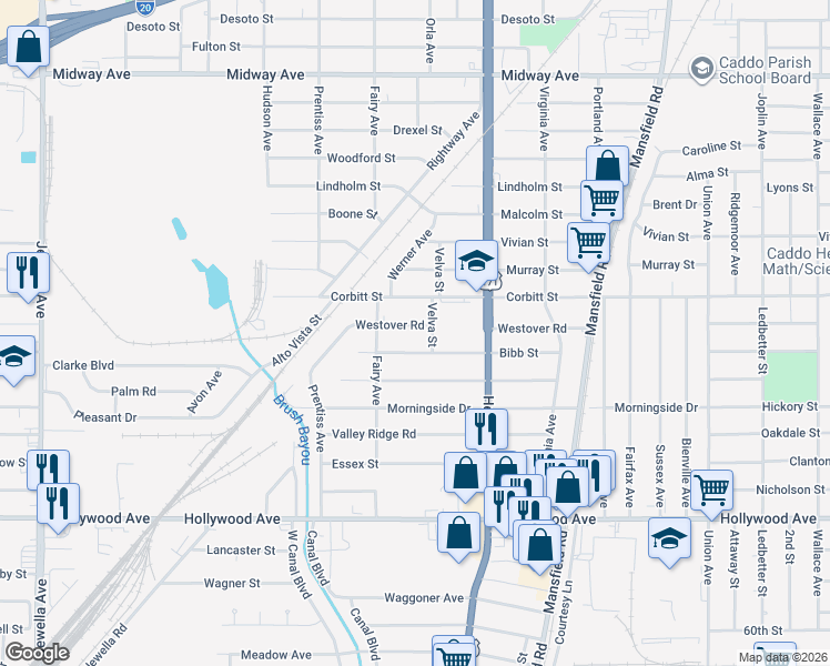 map of restaurants, bars, coffee shops, grocery stores, and more near 2820 Westover Road in Shreveport