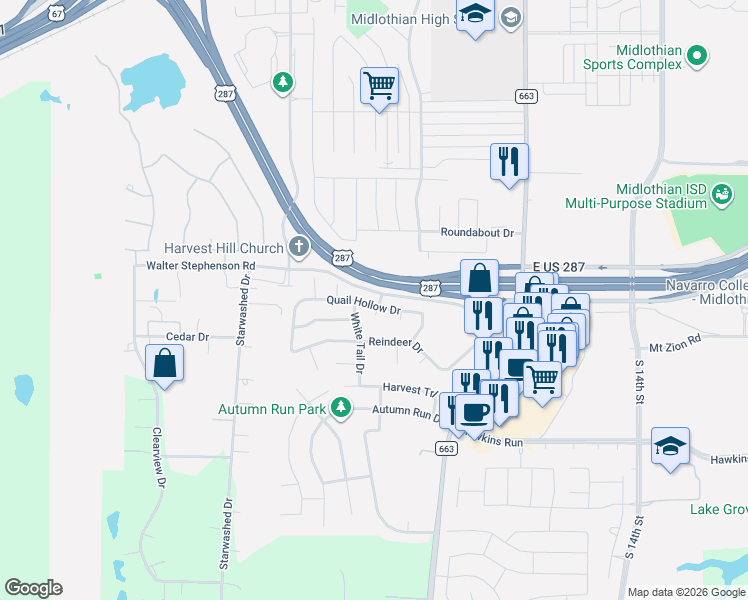 map of restaurants, bars, coffee shops, grocery stores, and more near 601 Quail Hollow Drive in Midlothian