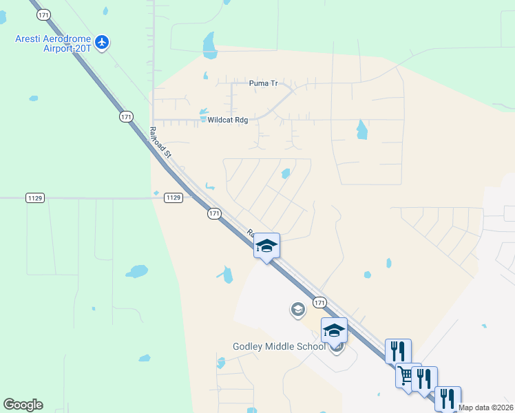 map of restaurants, bars, coffee shops, grocery stores, and more near 9408 Railroad Street in Godley