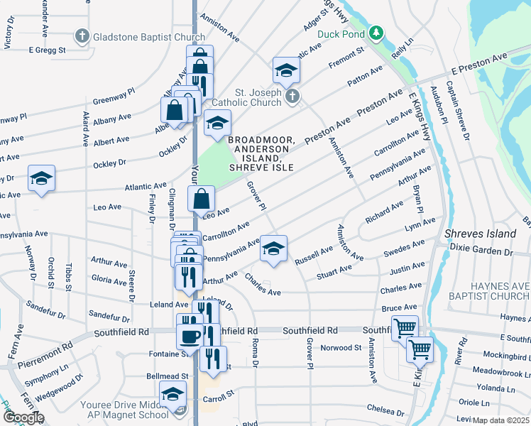 map of restaurants, bars, coffee shops, grocery stores, and more near 1598 Grover Place in Shreveport
