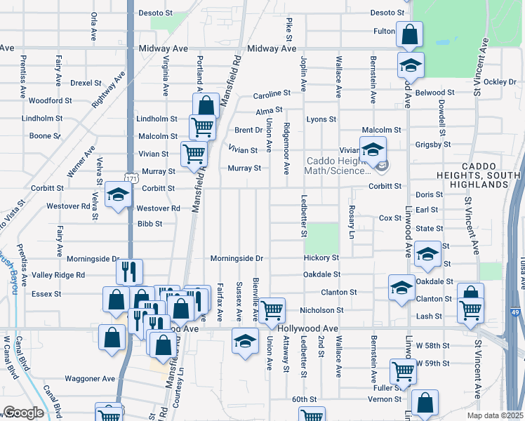map of restaurants, bars, coffee shops, grocery stores, and more near 5122 Bienville Avenue in Shreveport