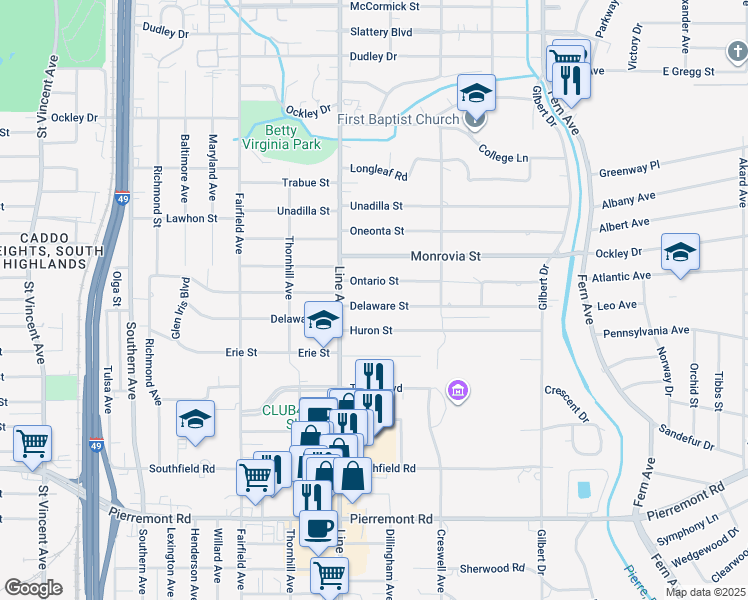 map of restaurants, bars, coffee shops, grocery stores, and more near 726 Delaware Street in Shreveport