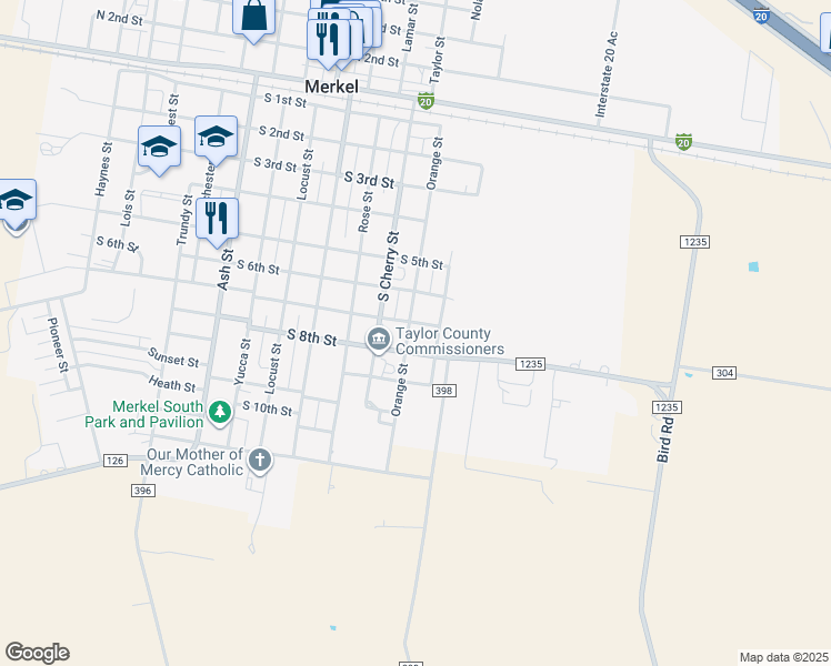map of restaurants, bars, coffee shops, grocery stores, and more near 701 Orange Street in Merkel