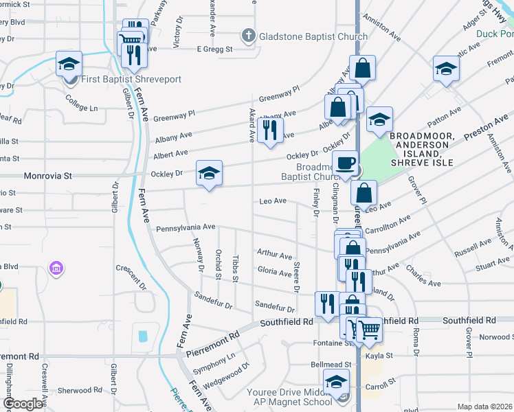 map of restaurants, bars, coffee shops, grocery stores, and more near 386 Leo Avenue in Shreveport