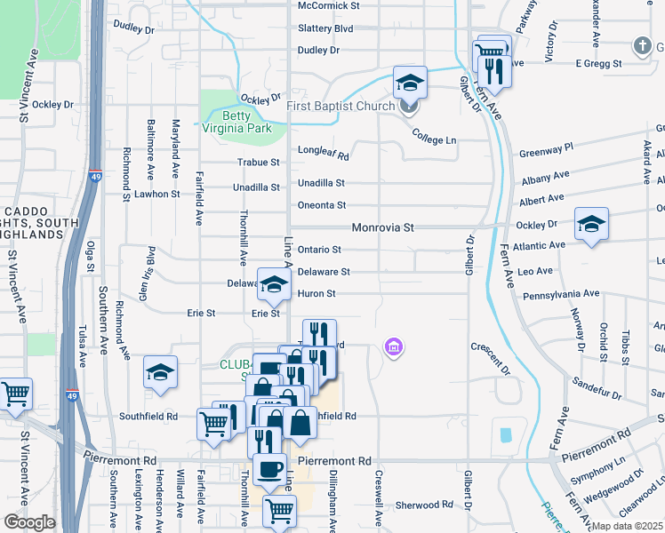 map of restaurants, bars, coffee shops, grocery stores, and more near 712 Delaware Street in Shreveport