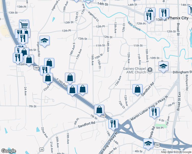 map of restaurants, bars, coffee shops, grocery stores, and more near 1501 Adie Street in Phenix City