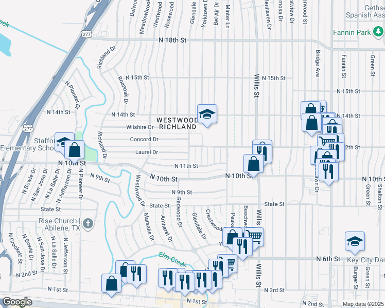 map of restaurants, bars, coffee shops, grocery stores, and more near 1197 Glendale Drive in Abilene