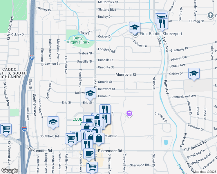 map of restaurants, bars, coffee shops, grocery stores, and more near 651 Ontario Street in Shreveport