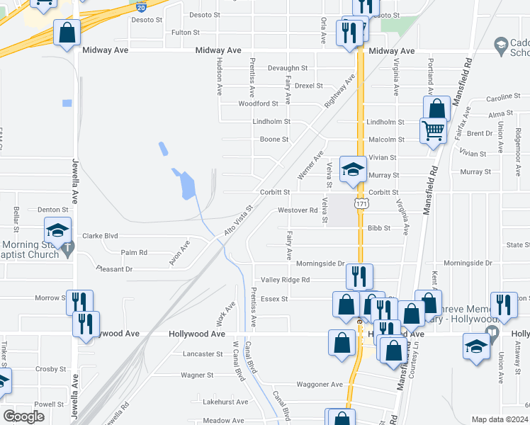 map of restaurants, bars, coffee shops, grocery stores, and more near 5306 Prentiss Avenue in Shreveport