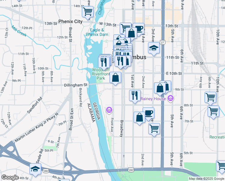 map of restaurants, bars, coffee shops, grocery stores, and more near Front Avenue in Columbus
