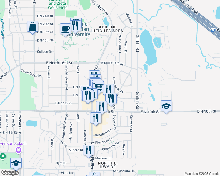 map of restaurants, bars, coffee shops, grocery stores, and more near 1313 Westheimer Road in Abilene