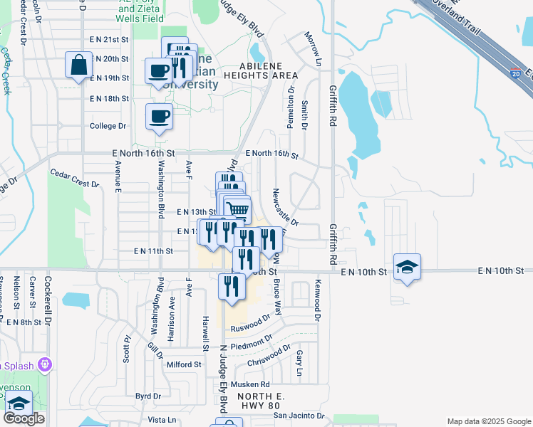 map of restaurants, bars, coffee shops, grocery stores, and more near 1318 Westheimer Road in Abilene