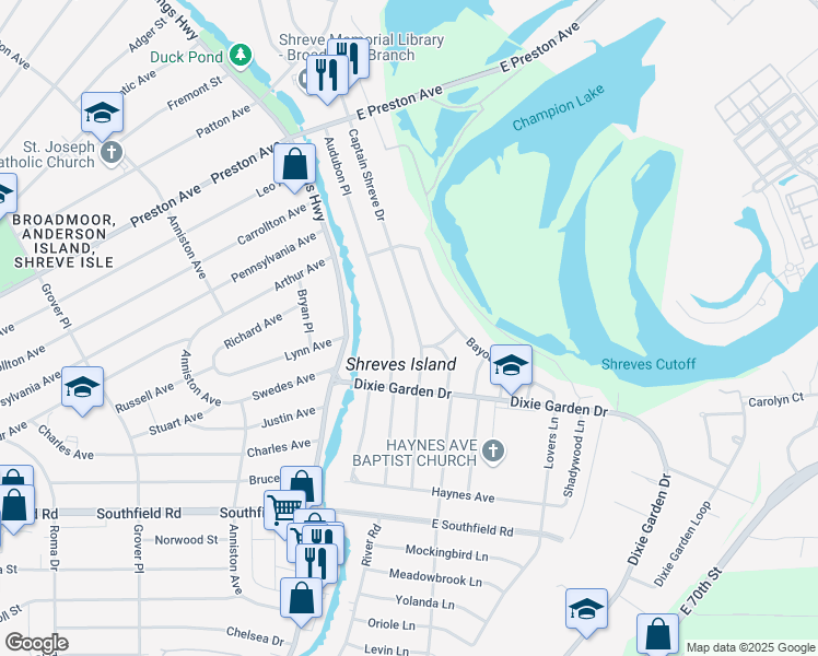 map of restaurants, bars, coffee shops, grocery stores, and more near 1810 Captain Shreve Drive in Shreveport