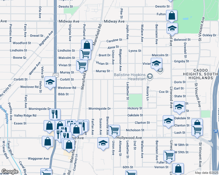 map of restaurants, bars, coffee shops, grocery stores, and more near 5203 Bienville Avenue in Shreveport
