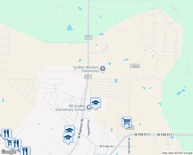 map of restaurants, bars, coffee shops, grocery stores, and more near 988 North Pearson Street in Godley