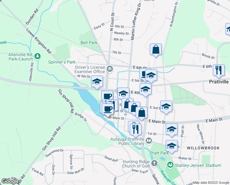map of restaurants, bars, coffee shops, grocery stores, and more near 153 West 4th Street in Prattville
