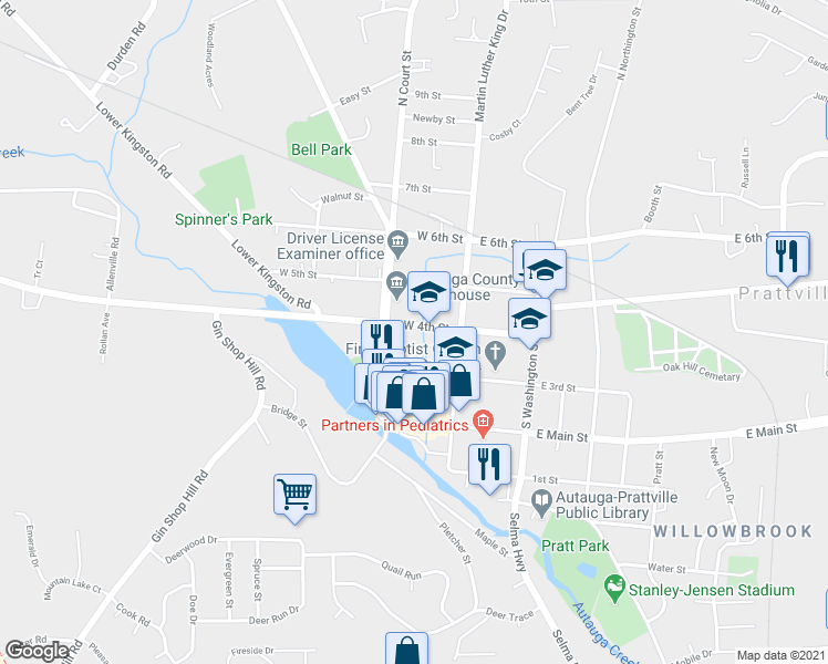 map of restaurants, bars, coffee shops, grocery stores, and more near 153 West 4th Street in Prattville