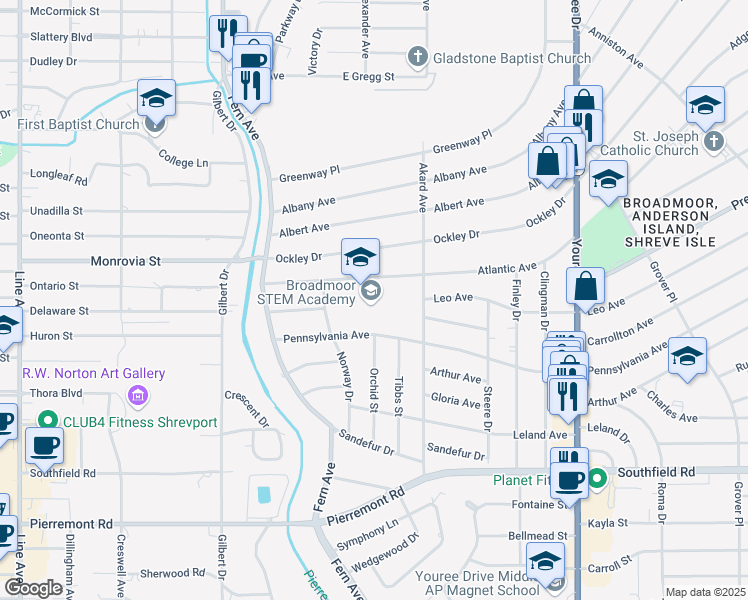 map of restaurants, bars, coffee shops, grocery stores, and more near 441 Atlantic Avenue in Shreveport