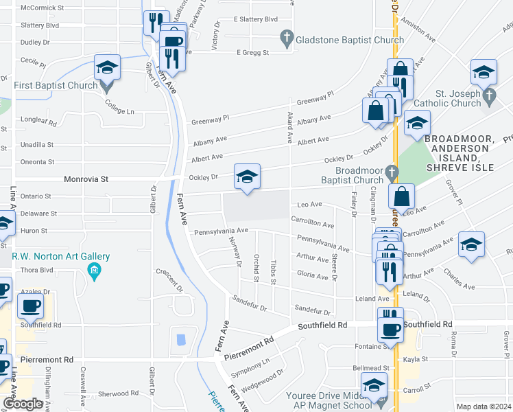 map of restaurants, bars, coffee shops, grocery stores, and more near 441 Atlantic Avenue in Shreveport